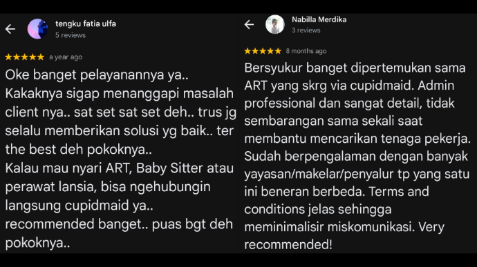 Testimonial Pengguna Cupid Maid di Google Maps