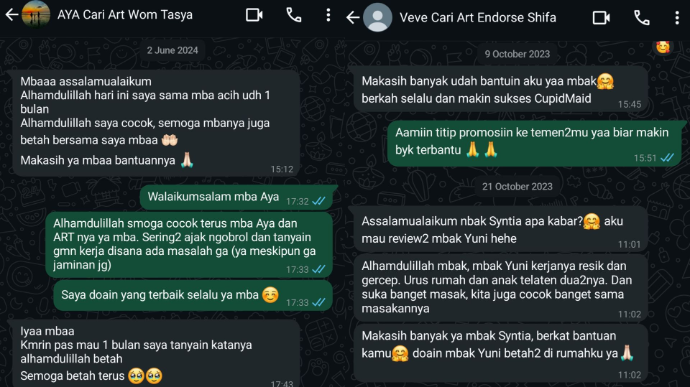 Testimonial Pengguna Cupid Maid di Whatsapp