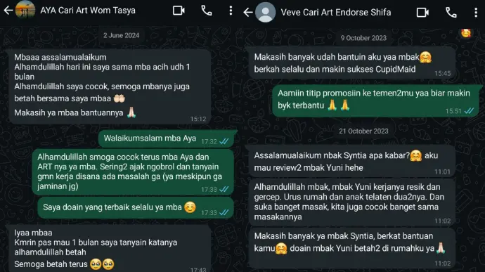 Testimonial Pengguna Cupid Maid di Whatsapp