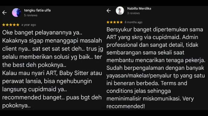 Testimonial Pengguna Cupid Maid di Google Maps
